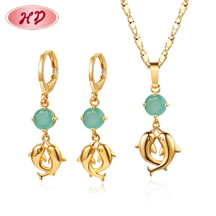 Jewelry Accessories Factory Supply Cubic Zirconia Dolphin Pendant Dangle Drop Earrings and Necklace Set Women Wholesale