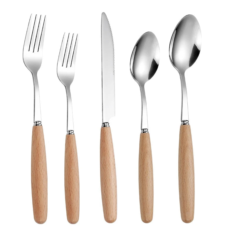 4 Pieces Mirror Polished Silverware Set Stainless Steel Cutlery Flatware Set With Wooden Handle