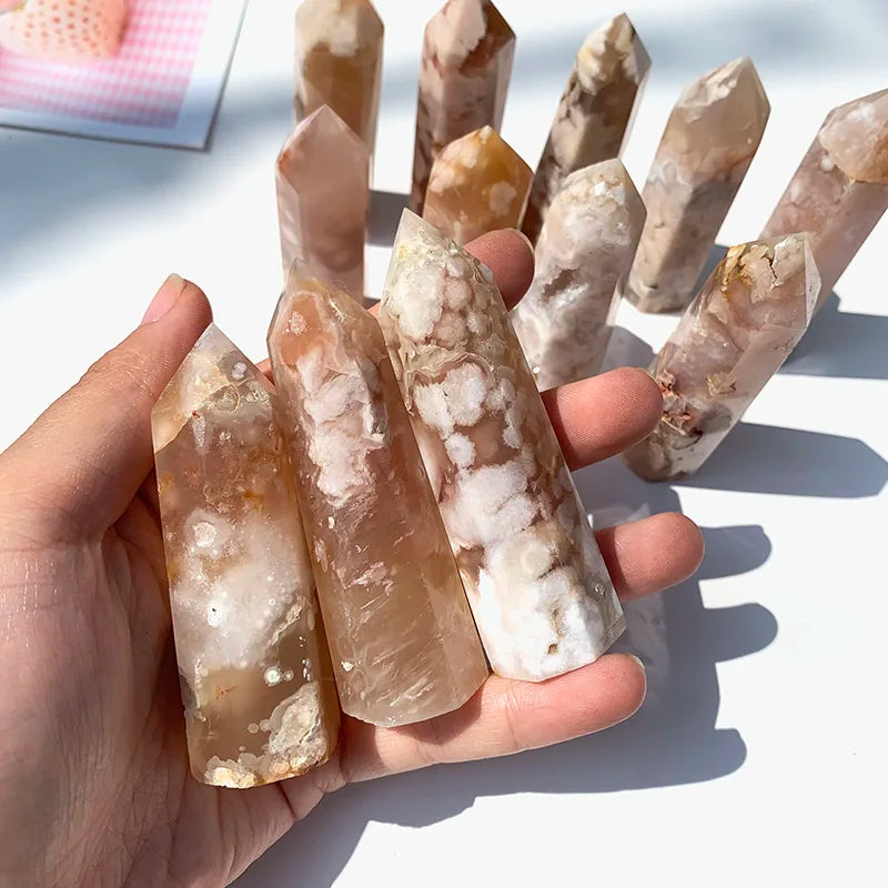 Jingfa Wholesale Natural Cherry Agate Tower Crystals Healing Stones Flower Agate  Wand for Decoration