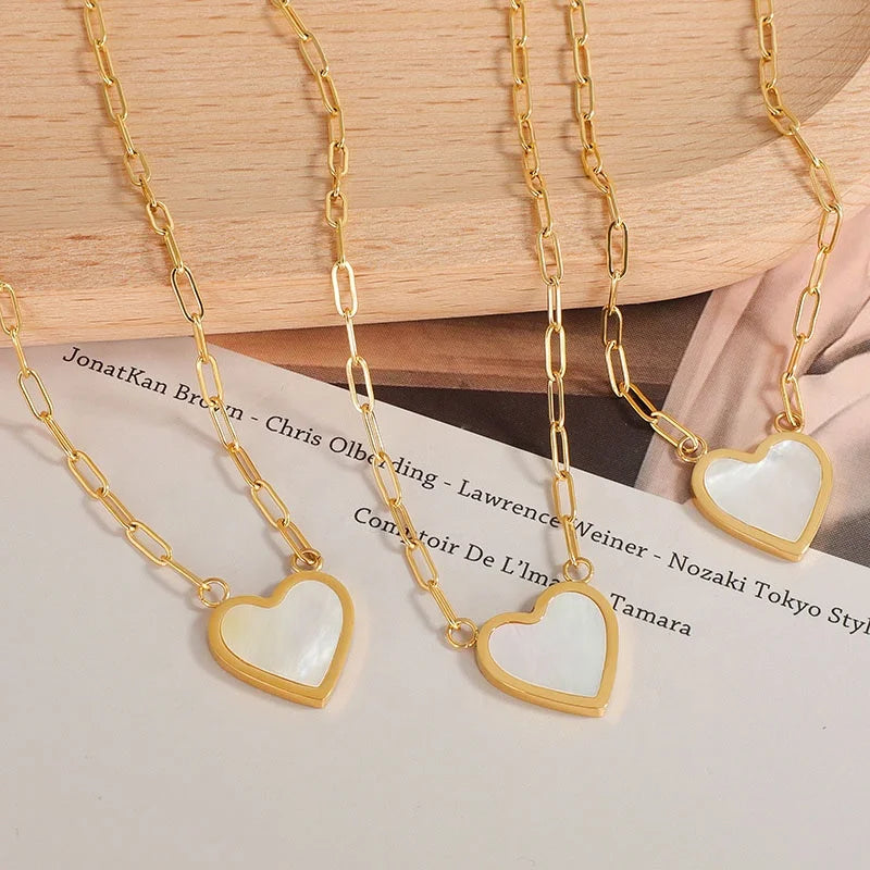 MICCI High-End 18K Gold Plated Stainless Steel Women's Jewelry Trendy Paper Clip Link Chain Heart Shell Pendant Necklace Gift