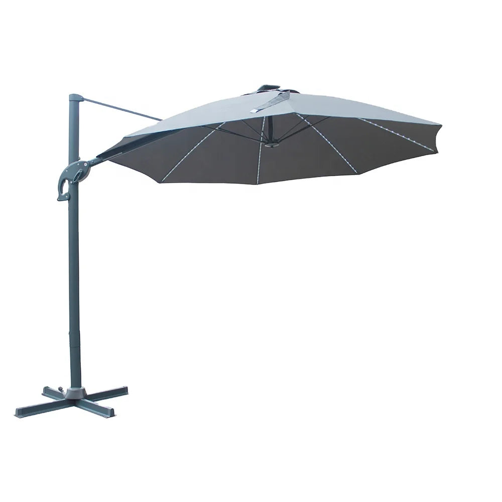 3M Heavy Cantilever Modern Solar LED Lighted Garden Patio Chaise Lounge Umbrella 10ft Aluminum Frame for Park Outdoor Furniture