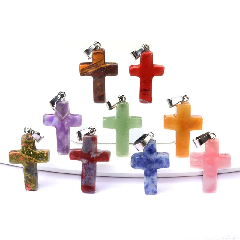 2026 Wholesale Gemstone Pendants 18x25mm Natural Stone Cross Pendants for Jewelry Making