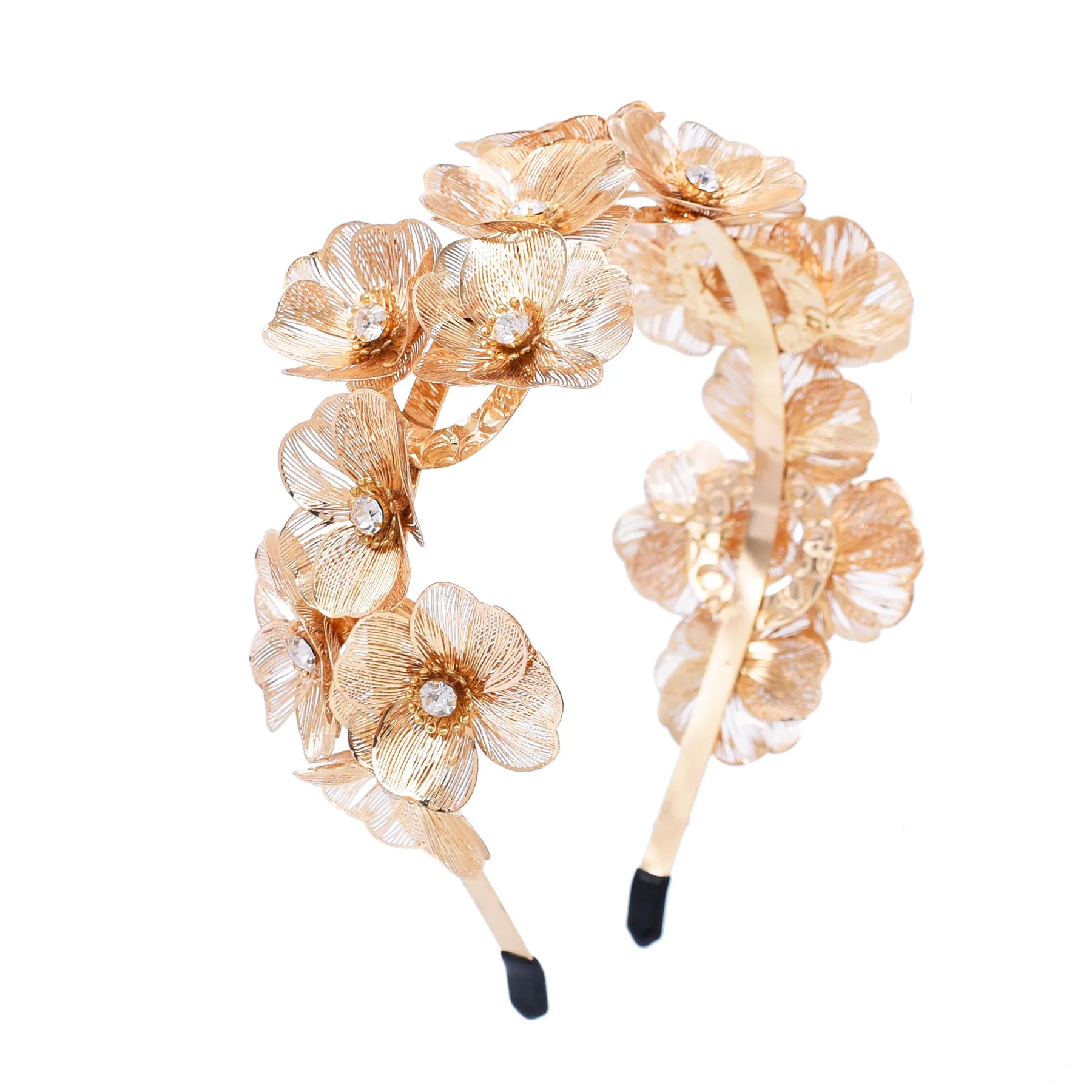 European Vintage Style Baroque Rose Lace Flower Design Gold Plated Metal Hairband Tiara New Wedding Crystal Crystal for Women