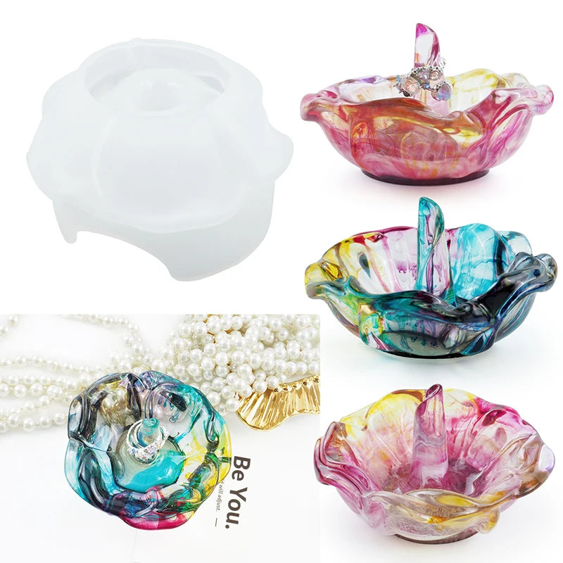 Early Riser DIY Epoxi Resin Jewellery Ring Rose Shape Storage Box Tray Silicone Mold Home Decor Mouldings for Resin Crafts