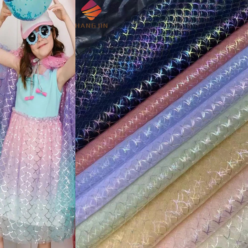 Sparkling Mermaid Tail Illusion Ombre Iridescent Tulle Lace Fabric With Printed Fish Scale Mesh Fabric for Tutu Dress Kids Skirt