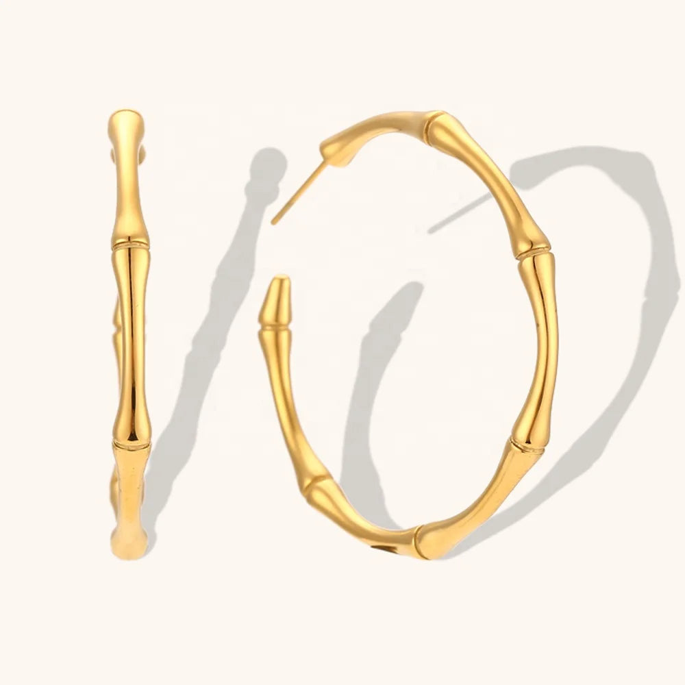 Ding Ran Trendy Design Bamboo Open Hoop Earrings Stainless Steel 18K Pvd Gold Plated Women Jewelry