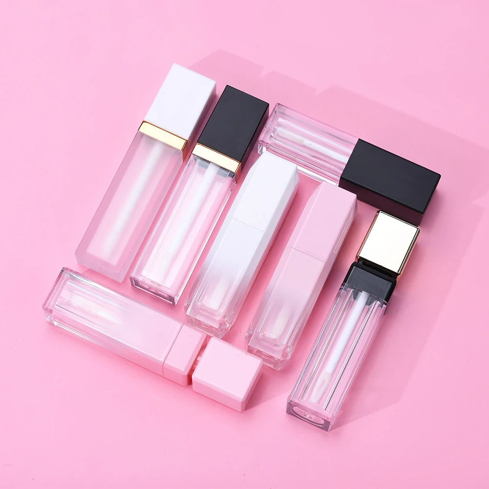 Small Mini  Cosmetic Packaging 3ml 5ml 10ml  Empty Square Pink White Black  Plastic Lip Gloss Tube with Brush