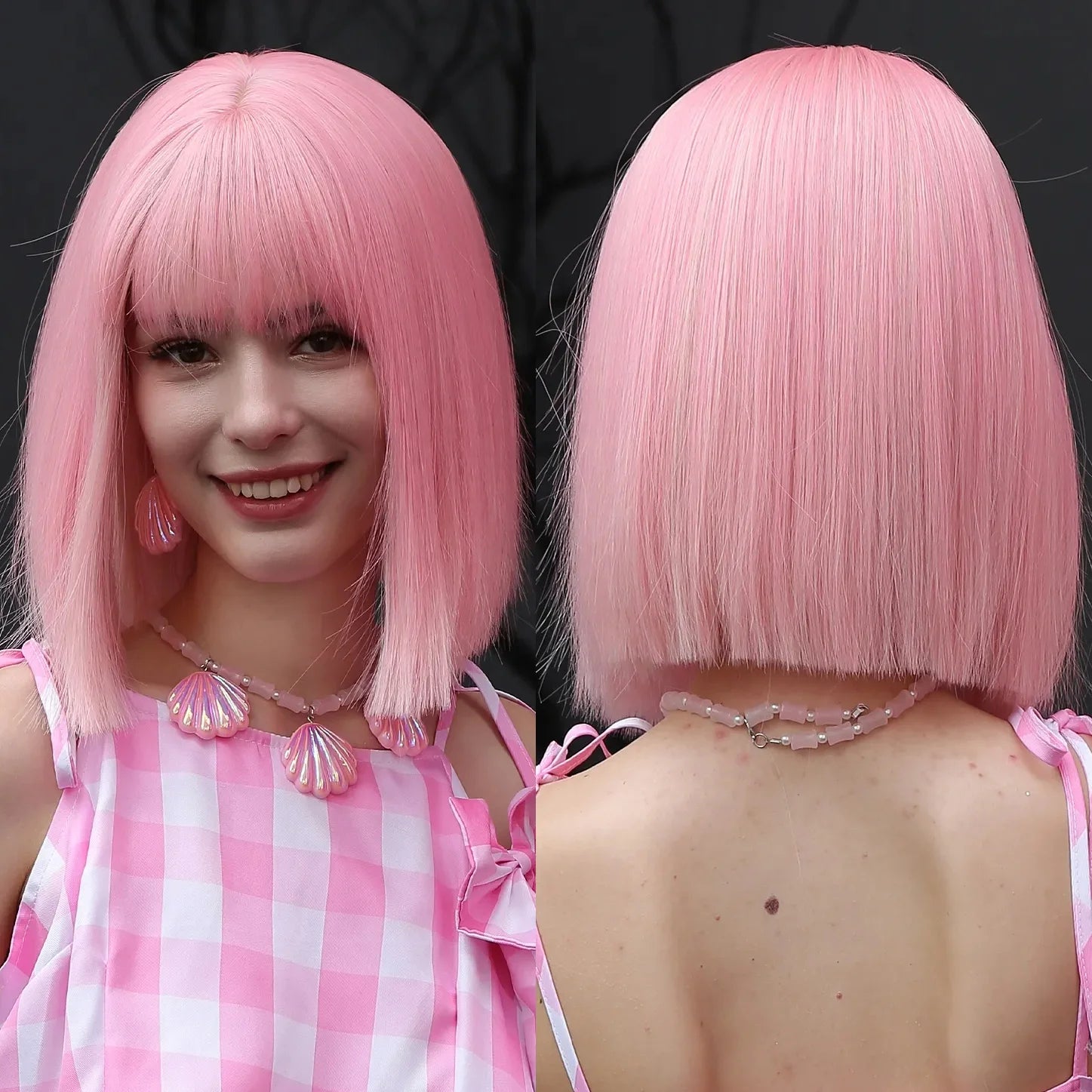 Immediate Delivery Short Light Pink Bob Wigs With Bangs Natural Synthetic Wigs for Women Daily Hair Heat Resistant Fibre Wig