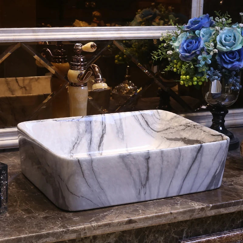 China Supplier Modern Mable Wash Basin Rectangle Wash Bowl Ceramic Vessel Basin