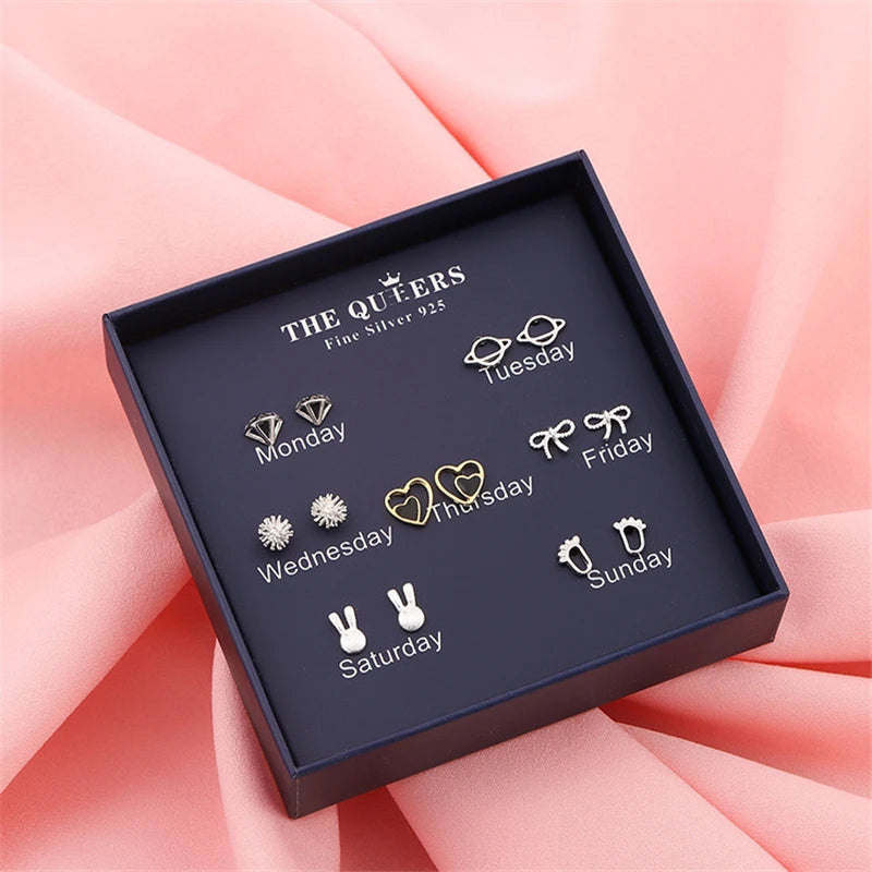 7 Pairs Week Earring Rabbit Heart Stud Earrings Jewelry Set With Gift Box