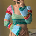 Women Crop Tops Splicing Crochet Square Neck Long Sleeves Knitted T-shirt Tops Streetwear for Girls