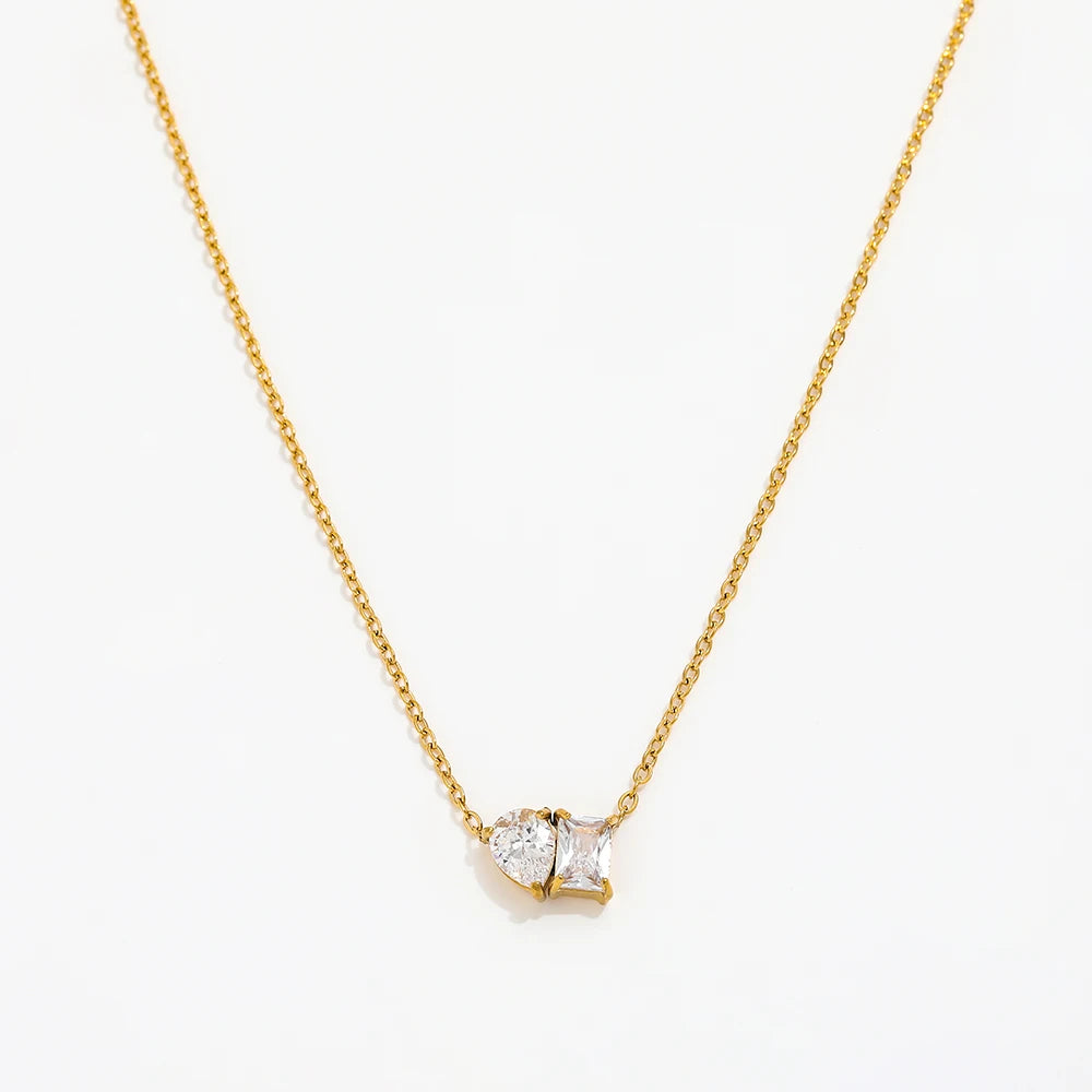 Joolim 18K Gold Plated Non Tarnish Waterproof Cubic Waterdrop Rectangle Double Zirconia Joint Pendant Stainless Steel Necklace