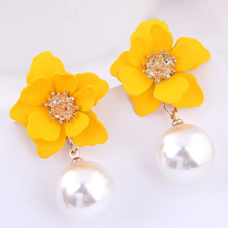 G521 Hawaiian Gold Colorful Fashion Jewelry Earrings Cute Dangle Red Floral Flower Pearl Drop Earring Stud for Women