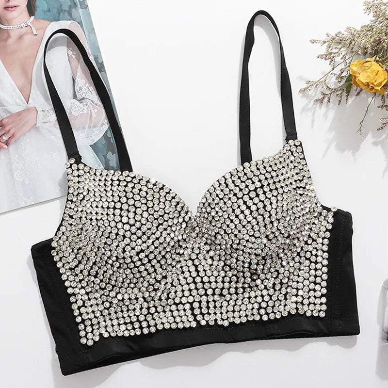 Wholesale 2023 Fashion Sexy Adjustable Bustier Plus Size Crystal Corset Rhinestone Bra Tops Camisole With Pad