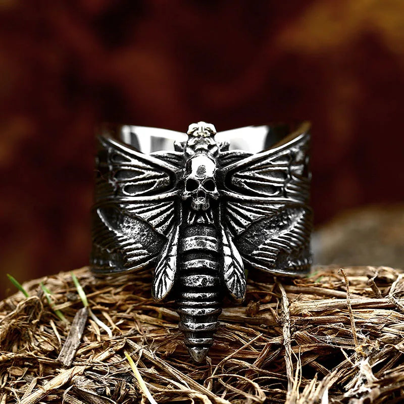 SS8-833R Creative Designs 316L Stainless Steel Vintage Acherontia Lachesis Ring Skull Moth Personality Punk Jewelry for Men