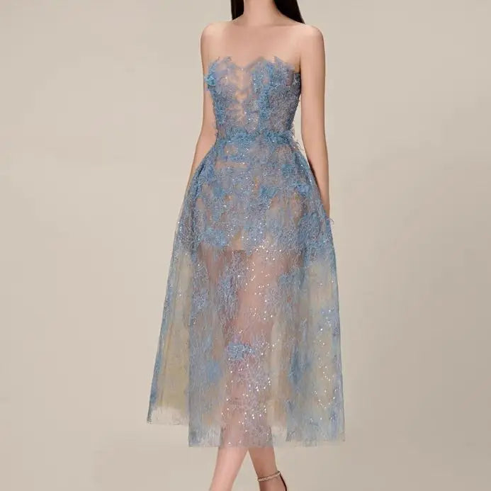 Boutique Wholesale 2026 Summer New Fashionable Lace Temperament Three-dimensional Flower Sequin Perspective Women's Dresses