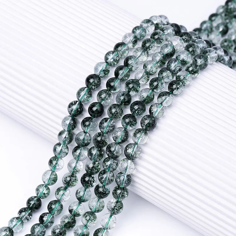 Processed Green Phantom Quartz Loose Beads DIY Handmade Gemstone Round Beads Jewelry Accessory Green Round Stone Beads Strands