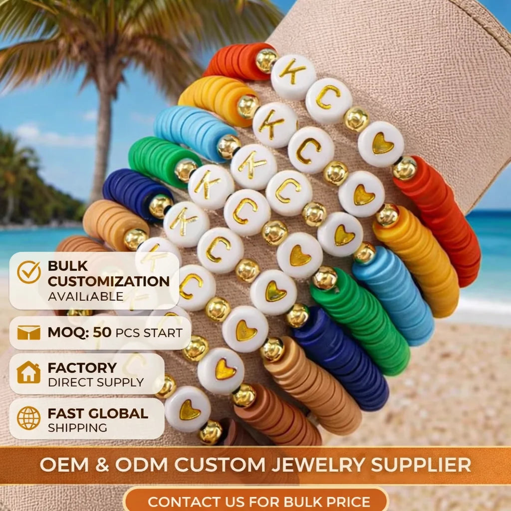Go2boho 2025 New Customizable KC Peach Heart Stack Heishi Clay Beaded Bracelets Bohemian Surfer Jewelry Women Children Gift