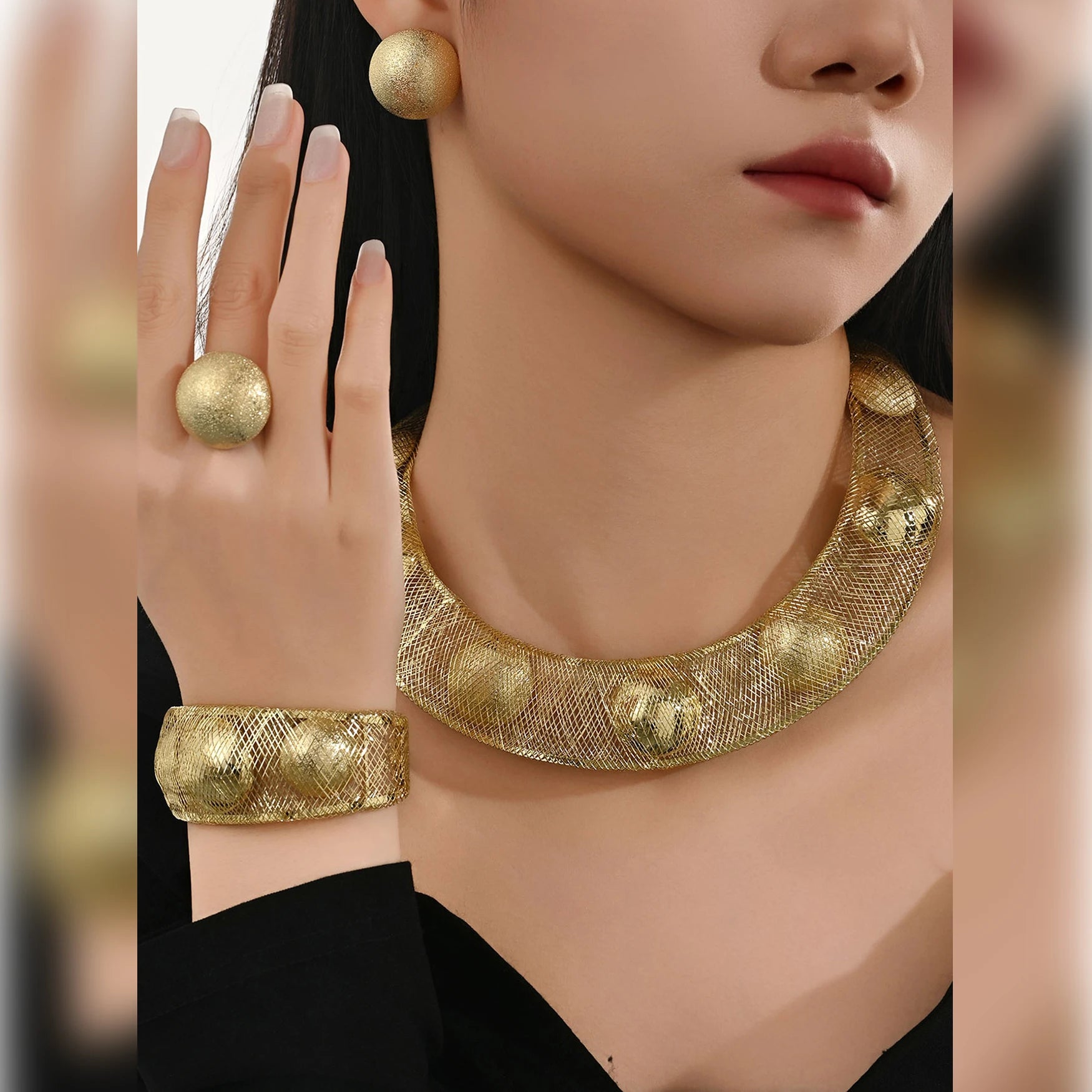 Meizi Exaggerated 18K Gold-plated Brass Waterproof Fashion Jewelry Earrings Rings and Necklaces for Women