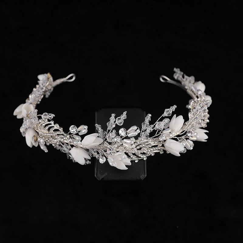 Women Ceramic Flower Bridal Headpiece Alloy Leaf Bulk Crown Headpieces