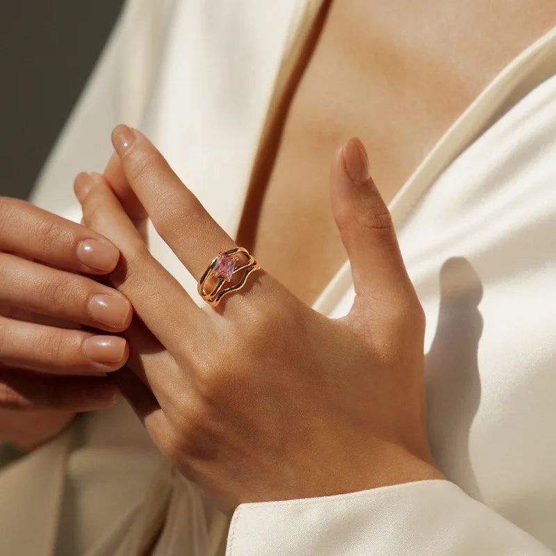 2025 New Trendy Geometric Minimalist Brass Double Cut-out Pink Zircon Opening Ring for Women