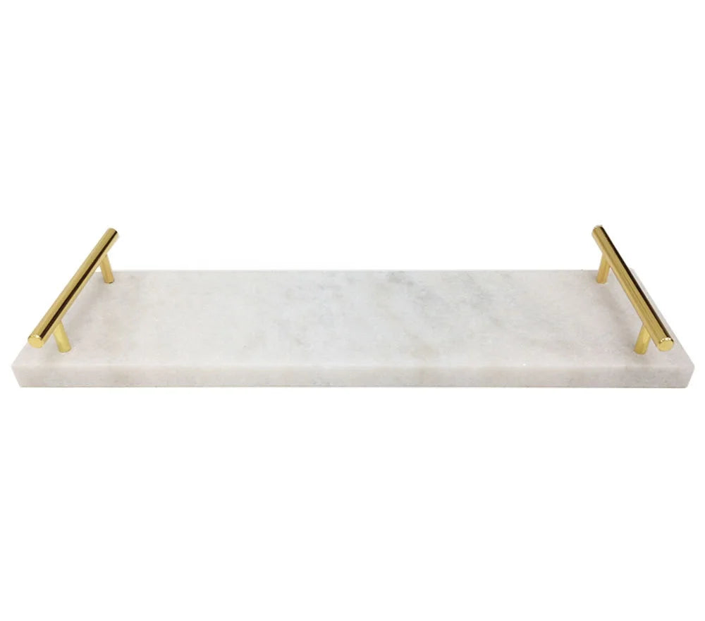 Luxurious White Marble Serving Tray Rectangle Plate Dish with Gold Handles Elegant Dining and HomeHotel Decor Essential