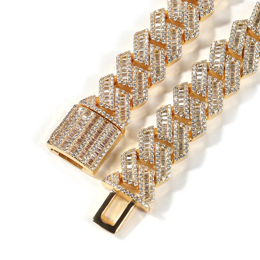 Fashionable Men Iced Out Hiphop Rapper Jewelry 12mm Copper Cz Bling 18k Gold Thick bar baguette Cuban Link Chain