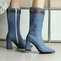 BUSY GIRL XY4624 Denim Boots for Women Jeans Pants Fashion Belt Zipper High Heels Designer Fall Winter Knee High Mid Calf Boots