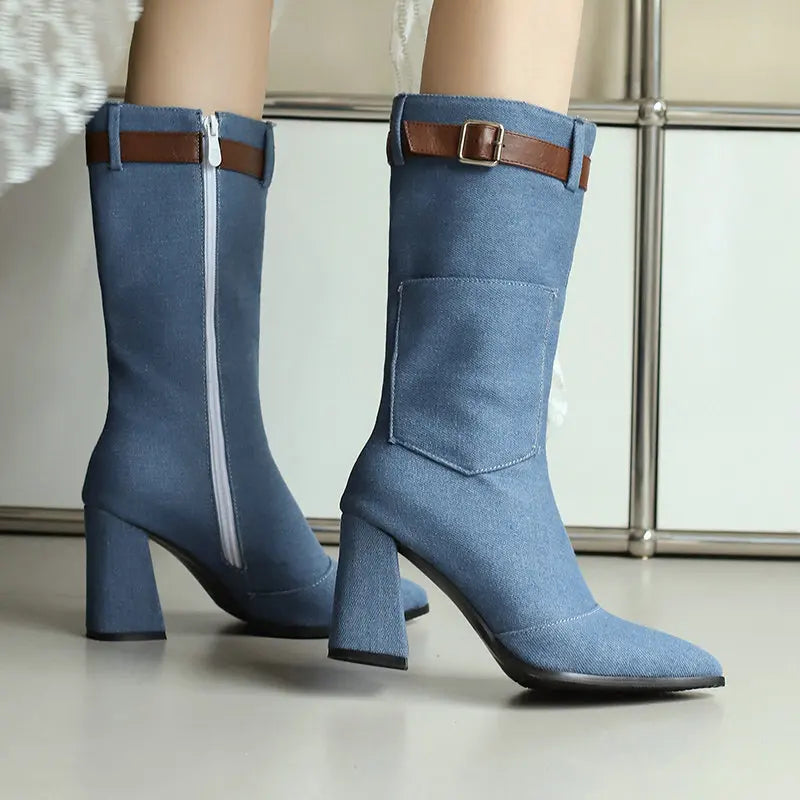 BUSY GIRL XY4624 Denim Boots for Women Jeans Pants Fashion Belt Zipper High Heels Designer Fall Winter Knee High Mid Calf Boots