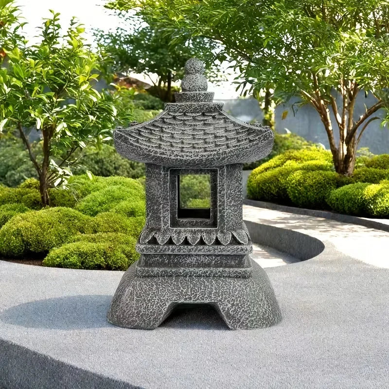 Chinese Style Gray Resin Pavilion Ornament with Curved Roof & Carved Patterns Miniature Garden Pagoda for Tea Table Decor
