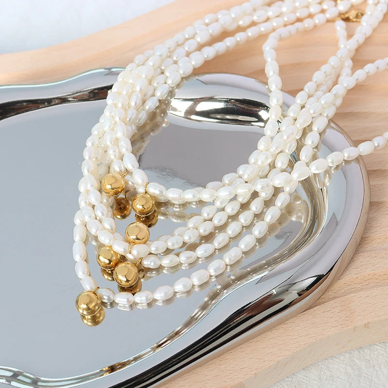 Women's Jewelry Matel Ball Pendant 18k Gold Plated Stainless Steel Freshwater Pearl Choker Necklace Collar De Acero Inoxidable