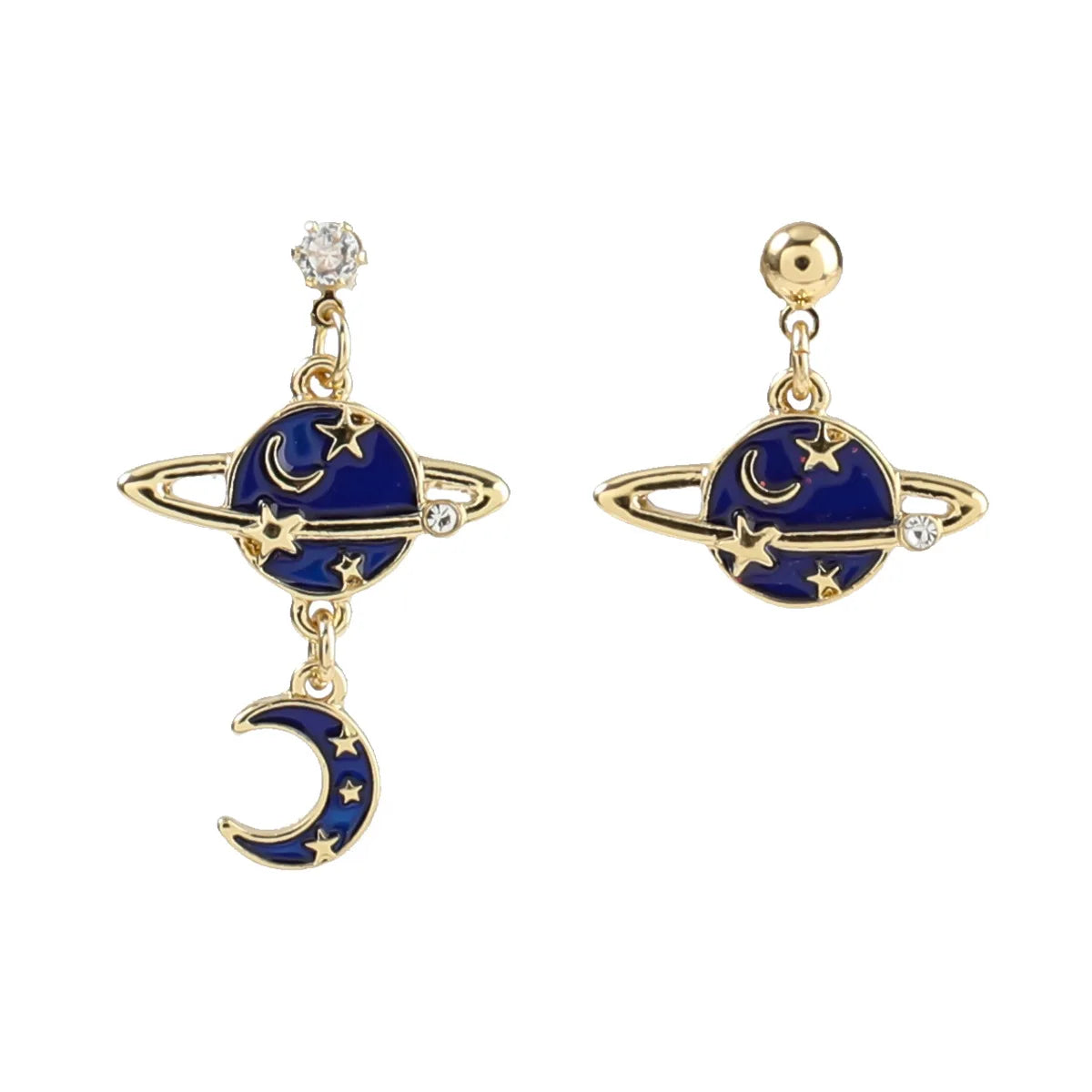 Korea Creative Asymmetrical Star Moon Stud Earrings Exquisite Rhinestone Planet Pendant Earrings
