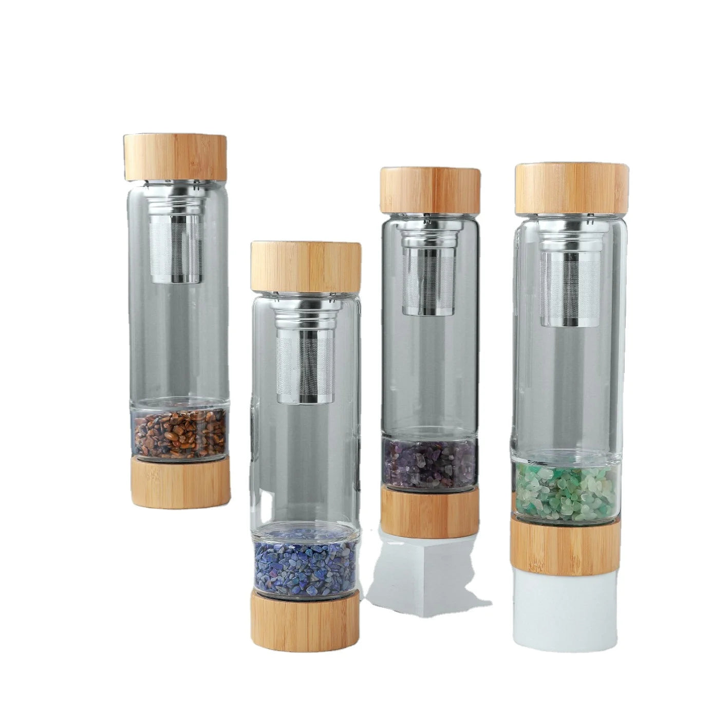 Bamboo Lid Crystal Water Bottle Gemstones Quartz Crystal Cup  Healing Stones Bottles with Tea Infuser