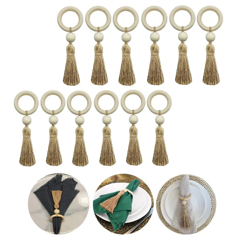 12pcs Set Farmhouse Napkin Rings Natural Wooden Beads Napkin Holder With Tassels for Dining Party Wedding Decor Accessories