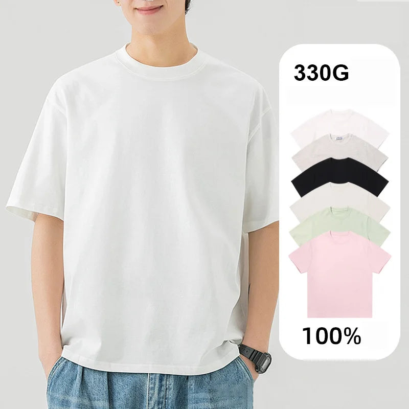 Wholesale Bulk Tshirts Blank 100 Cotton Heavyweight 330gsm Short Sleeve Streetwear Tshirt Oversized Tshirt Mujer