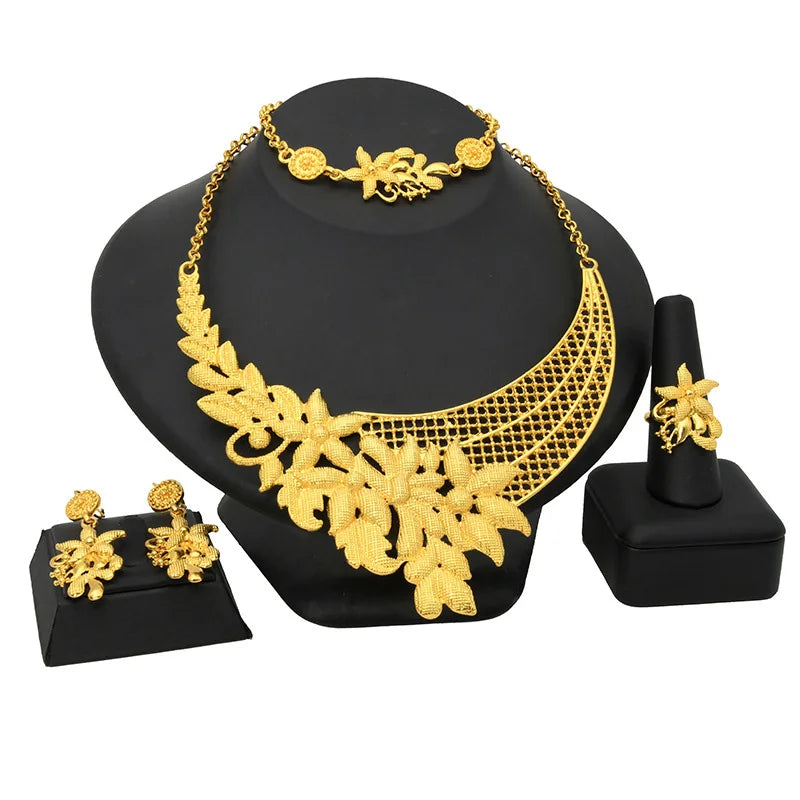 Jachon Indian Bridal Jewelry Set Floral Wedding Bridal Jewelry Necklace Earrings Two-piece Set Jewelry Set for Women
