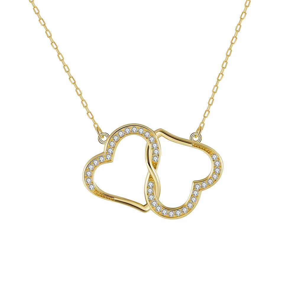 New Design 925 Sterling Silver Gold Plated Jewelry Necklaces Cubic Zirconia Interlocking Double Heart CZ Pendant Necklace