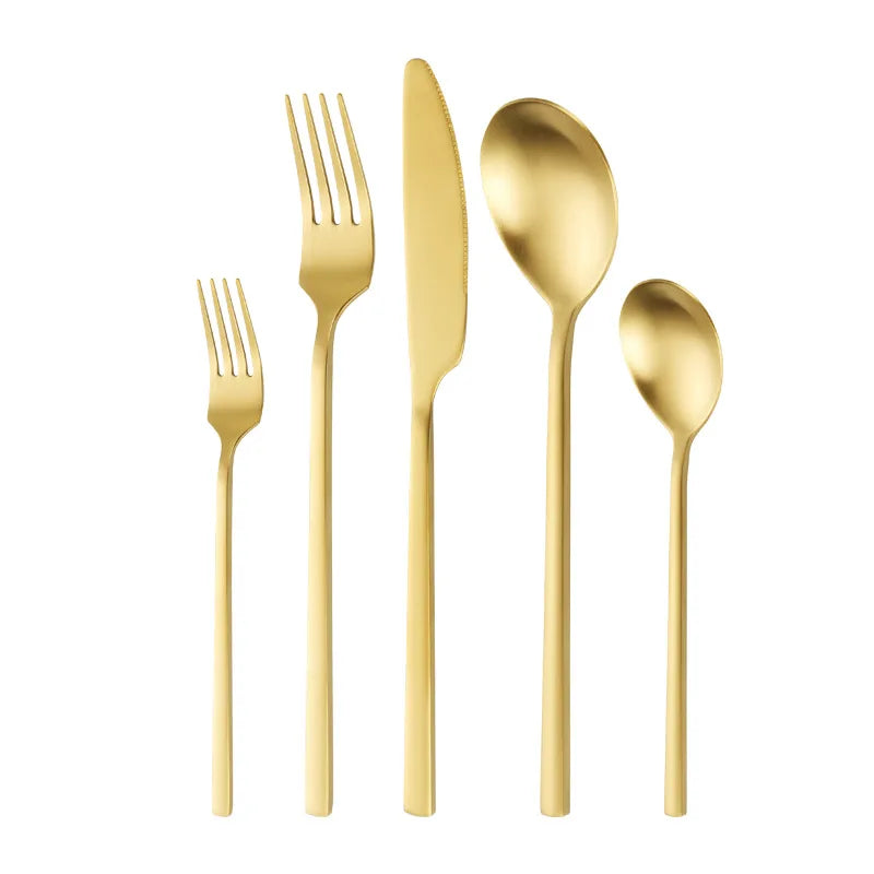 18/0 Stainless Steel Bulk Gold Wedding Matte Cutlery Flatware Set 5 Piece Set Knife Spoon Fork Modern for Hotels Restaurants