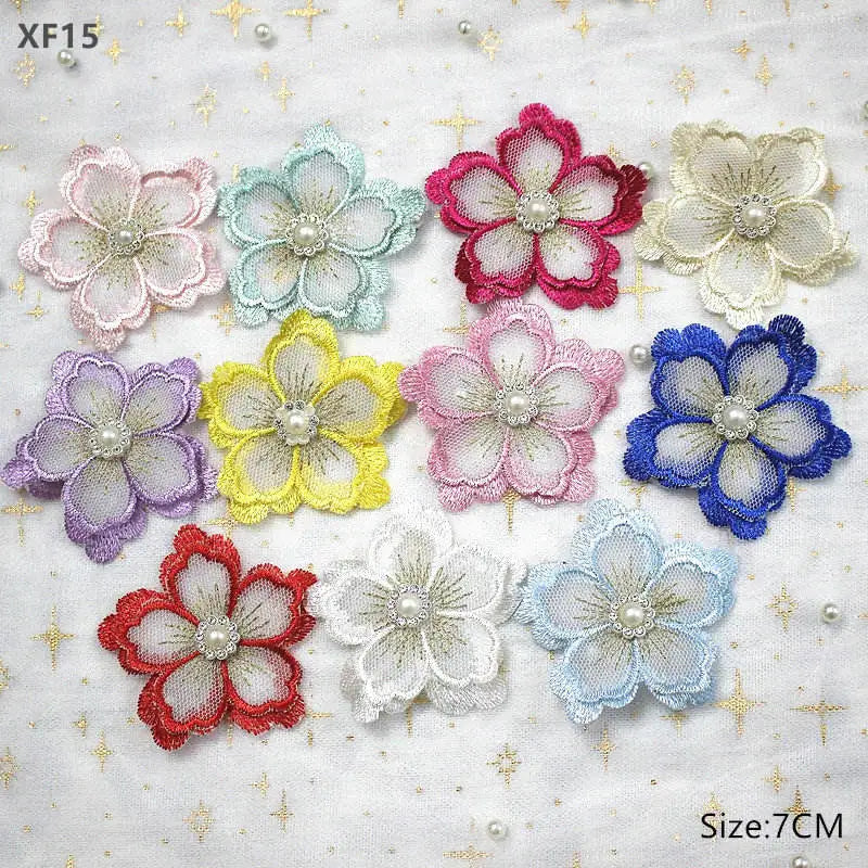 Factory Supply 3D Decorative Flowers Multicolor Pearl Lace Appliques Embroidered Voile Fabric for Woman Clothes Kids Dress Bag