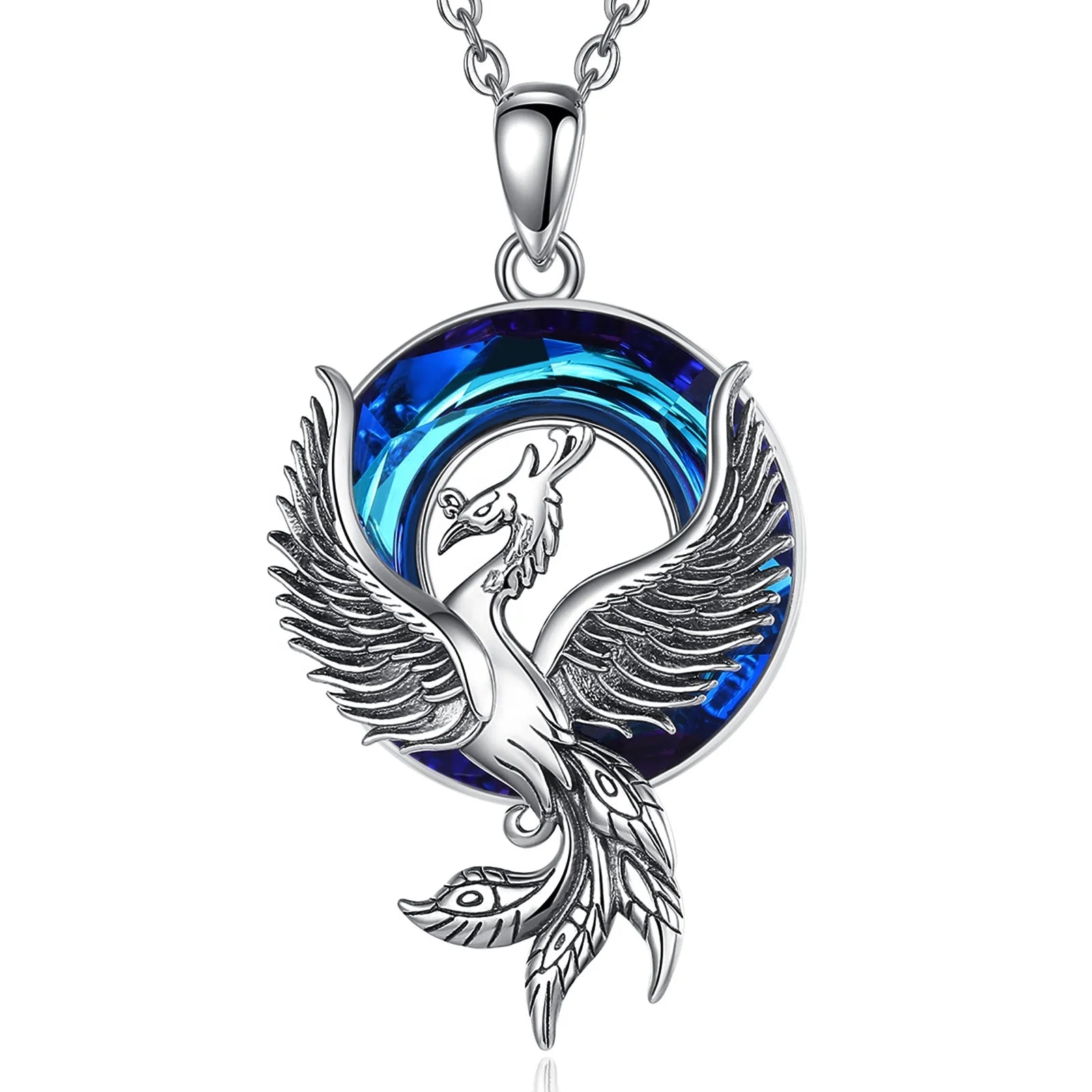 Vintage Style Oxidation Crafted 925 Sterling Silver Blue Ring Crystal Stone Phoenix Bird Pendant Necklace for Women