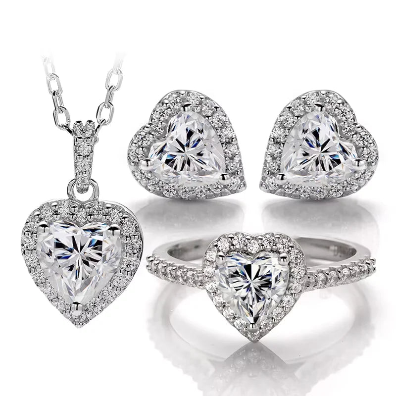 100% Pass Diamond Tester 925 Silver 1Ct DEF Super White Moissanite Heart Shape halo Ring Jewelry Set for Gift