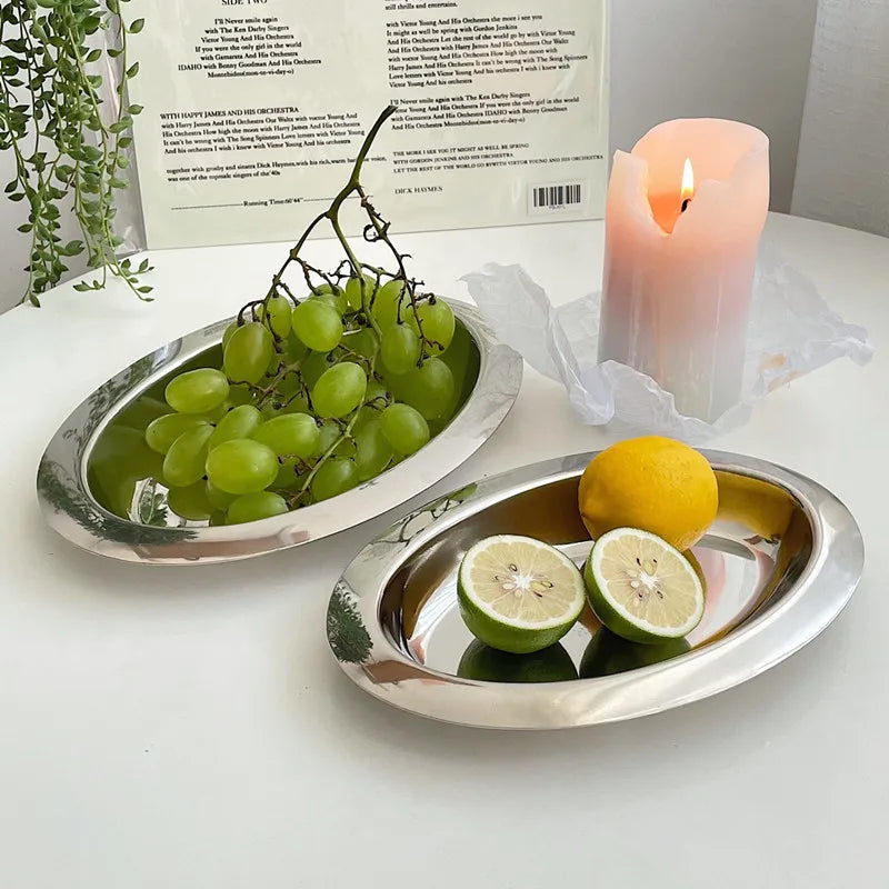 Solhui Stainless Steel Oval Plates Deep Steamed Fish Plate Metal Serving Tray Bread Plate