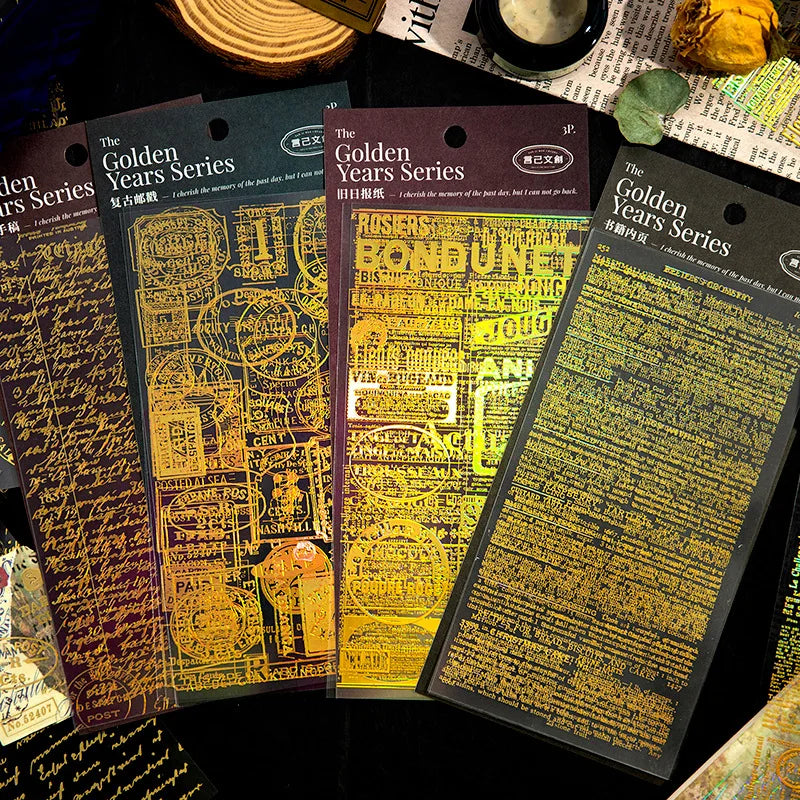 3pieces/pack Gold Foil Stickers Gilding Years Series Material Collage English Vintage Journal DIY Stickers 4Models