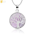CSJA Natural Stone Rose Quartz Pendant Round Bead Tree of Life Crystal Stone Pendant Necklace Healing Jewelry F044