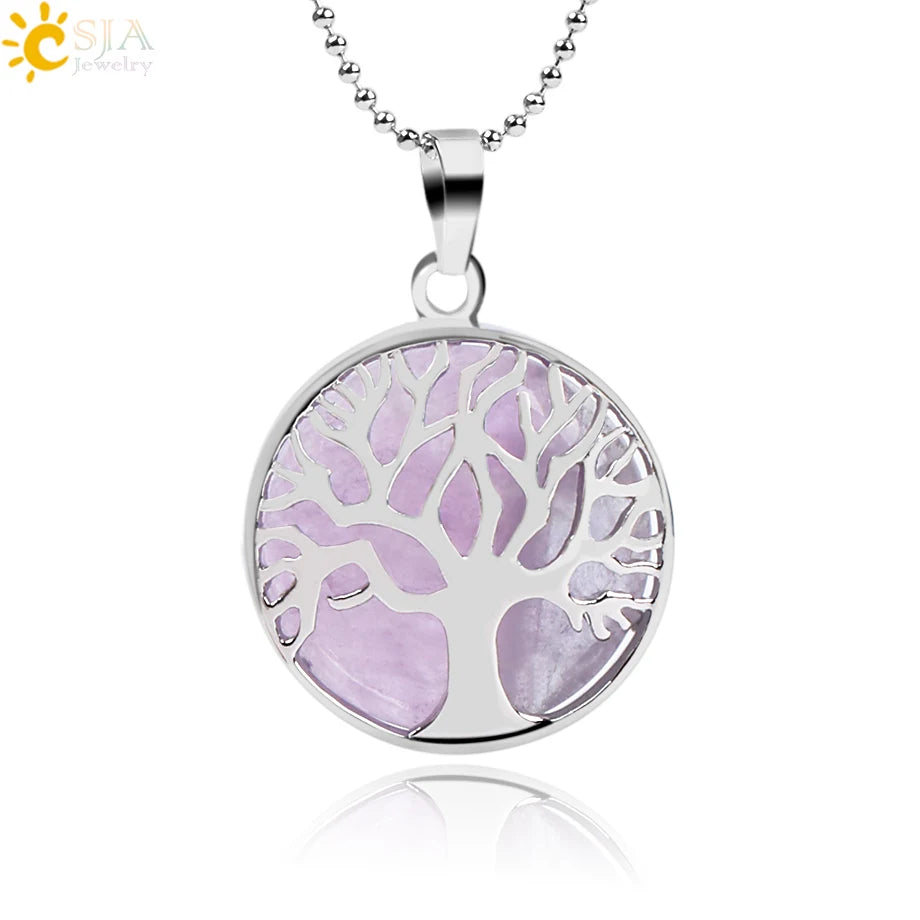 CSJA Natural Stone Rose Quartz Pendant Round Bead Tree of Life Crystal Stone Pendant Necklace Healing Jewelry F044