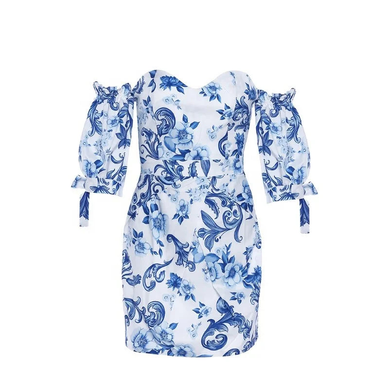 MANNI Women's Casual Floral Print Puff Sleeve Swing Dress off Shoulder Dresses for Women