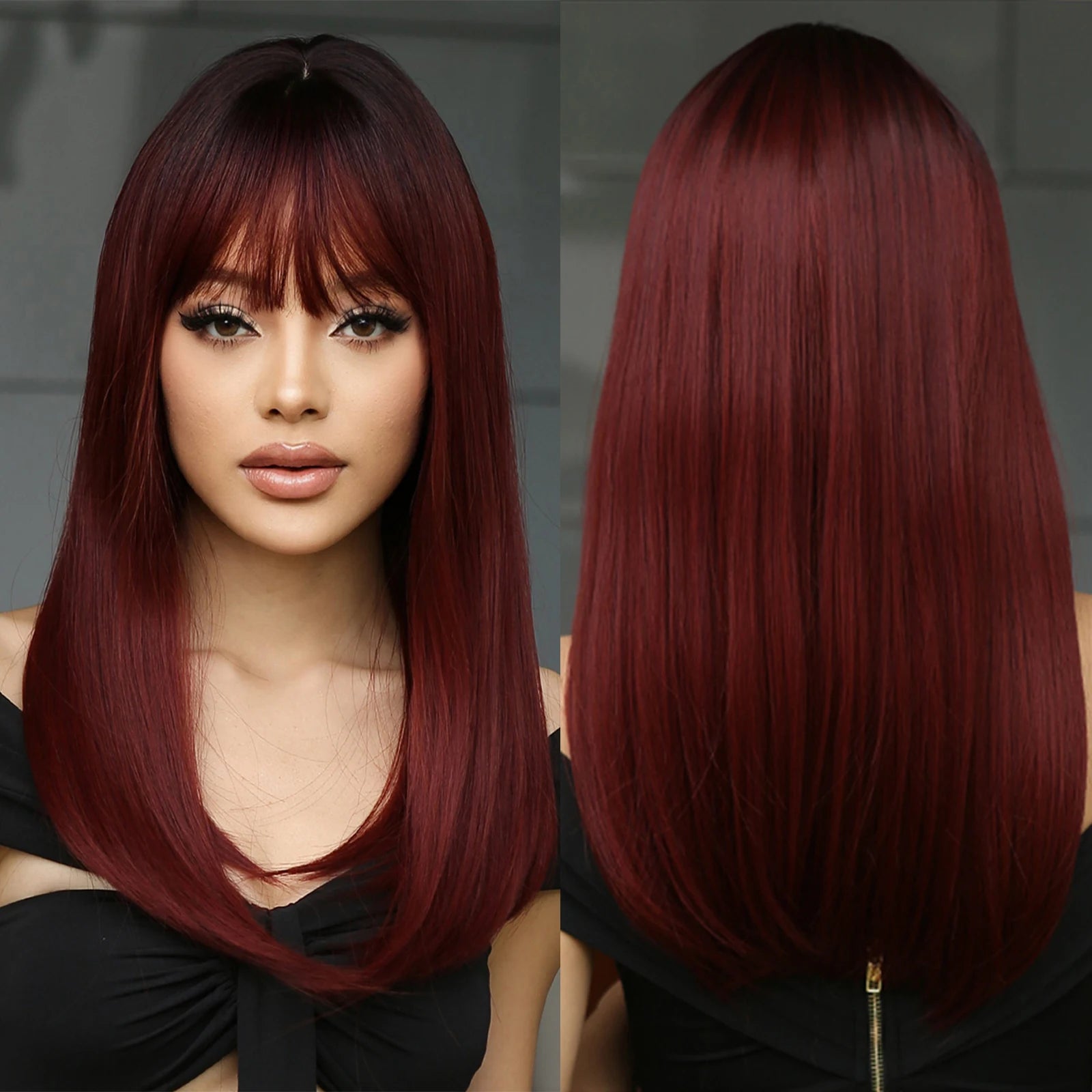 Factory Fast Delivery Long Burgundy Straight Synthetic Heat Resistant Wigs with Bangs Ombre Wine Red Wig for Women Afro