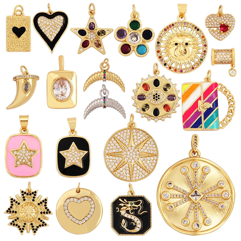 Love Heart Star Sun Flower OX Horn Dragon Zircon Charm Pendant18K Gold Plated Jewelry Findings Necklace Accessories Supply L61