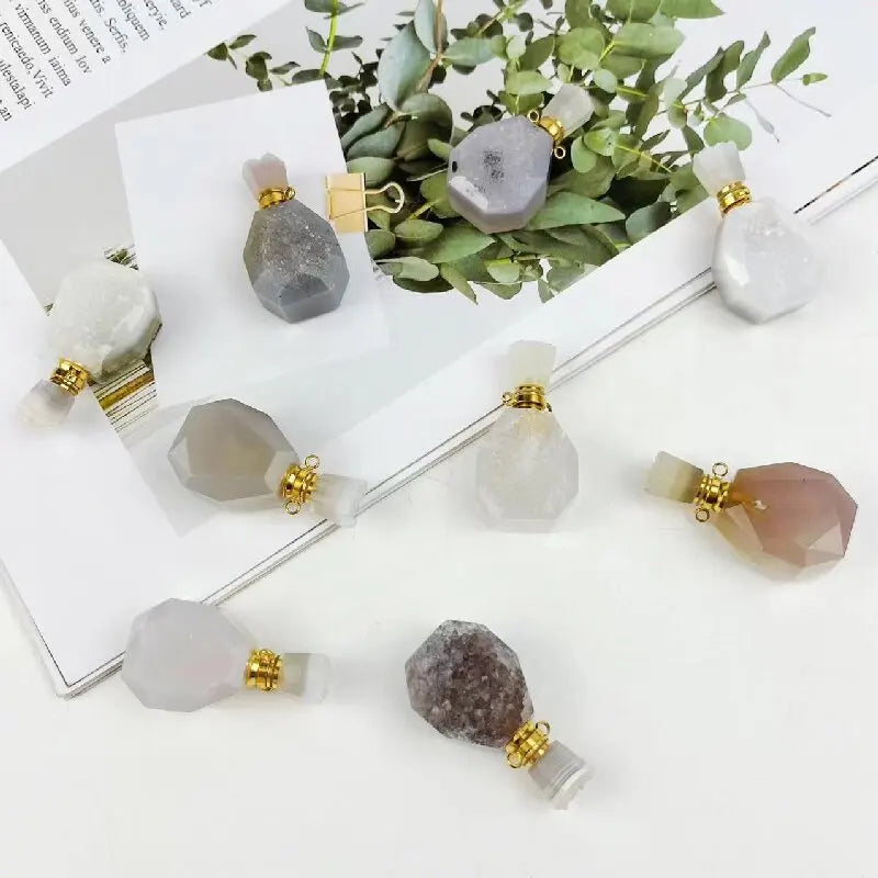 Fashion Jewelry Wholesale Natural Hand Carved Reiki Agate Geode Druzy Perfume Bottle Pendant for Women Gifts
