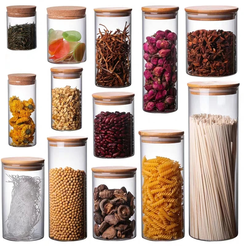 Customized Kitchen Round High Borosilicate Glass Food Storage Jar Canister Set with Bamboo Lid Storage